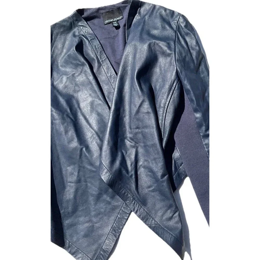 Vintage CYNTHIA ROWLEY Blue Cropped Jacket Women's Size Medium 100% Leather